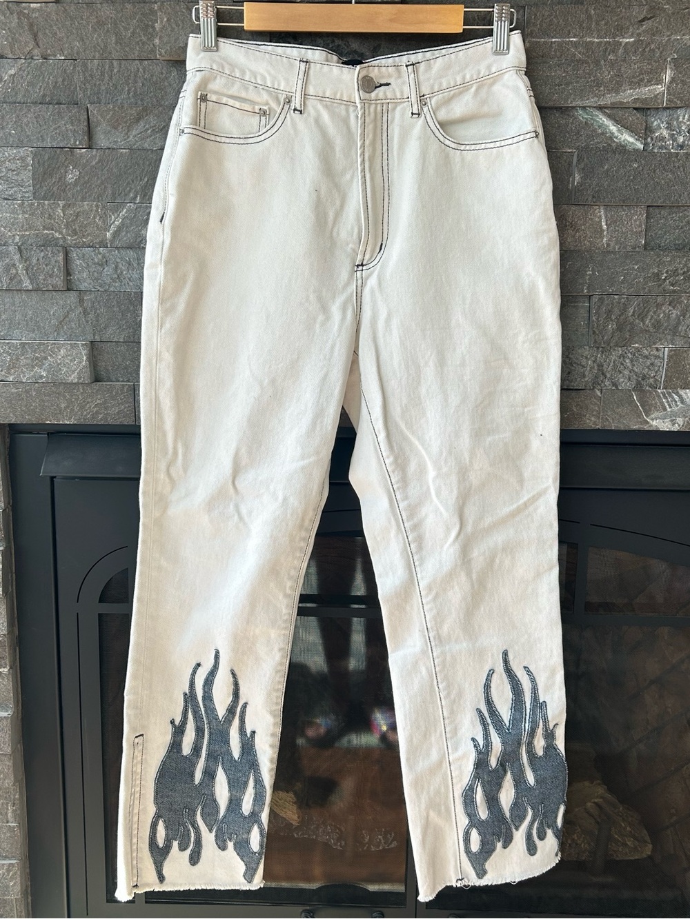 BDG White Denim Mom Jeans with Flame Appliqués